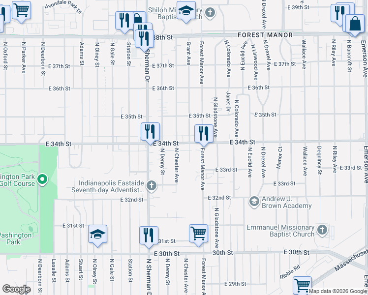map of restaurants, bars, coffee shops, grocery stores, and more near 3365 North Chester Avenue in Indianapolis