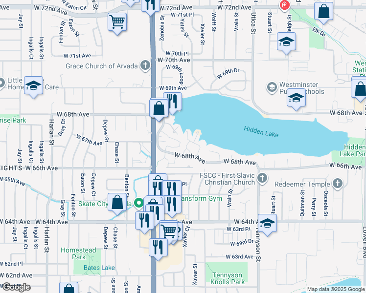 map of restaurants, bars, coffee shops, grocery stores, and more near 6889 Xavier Circle in Westminster