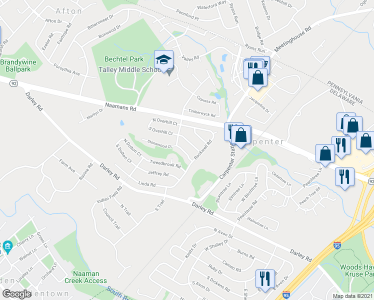 map of restaurants, bars, coffee shops, grocery stores, and more near 1006 Stonewood Road in Wilmington