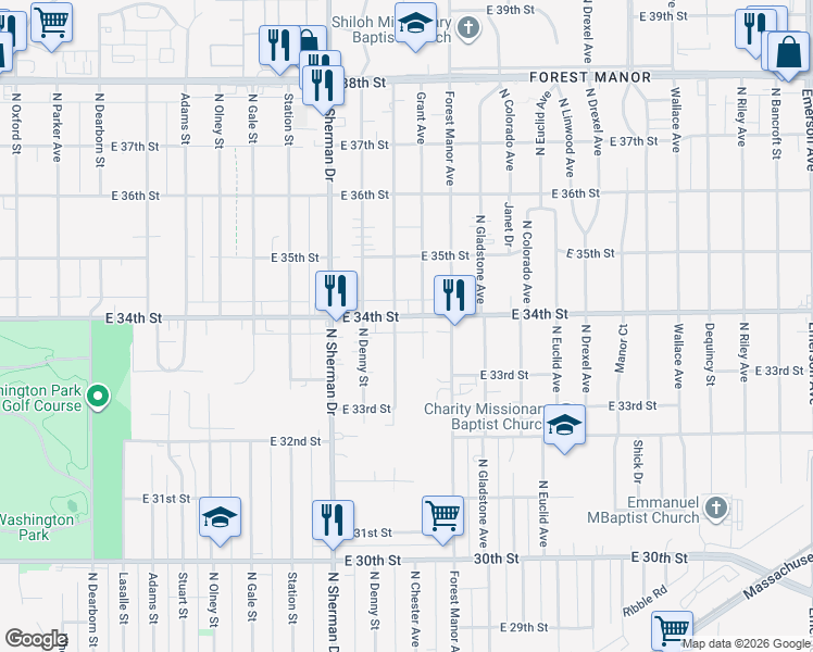 map of restaurants, bars, coffee shops, grocery stores, and more near 3365 North Chester Avenue in Indianapolis