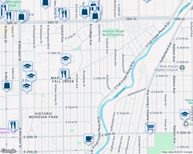 map of restaurants, bars, coffee shops, grocery stores, and more near 775 East 34th Street in Indianapolis