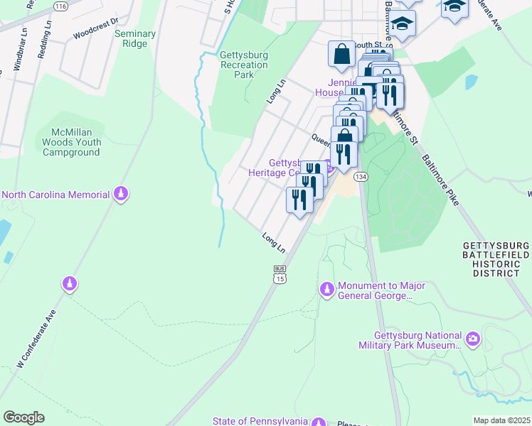 map of restaurants, bars, coffee shops, grocery stores, and more near 965 Highland Avenue in Gettysburg
