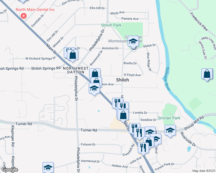 map of restaurants, bars, coffee shops, grocery stores, and more near 50 Carson Avenue in Dayton