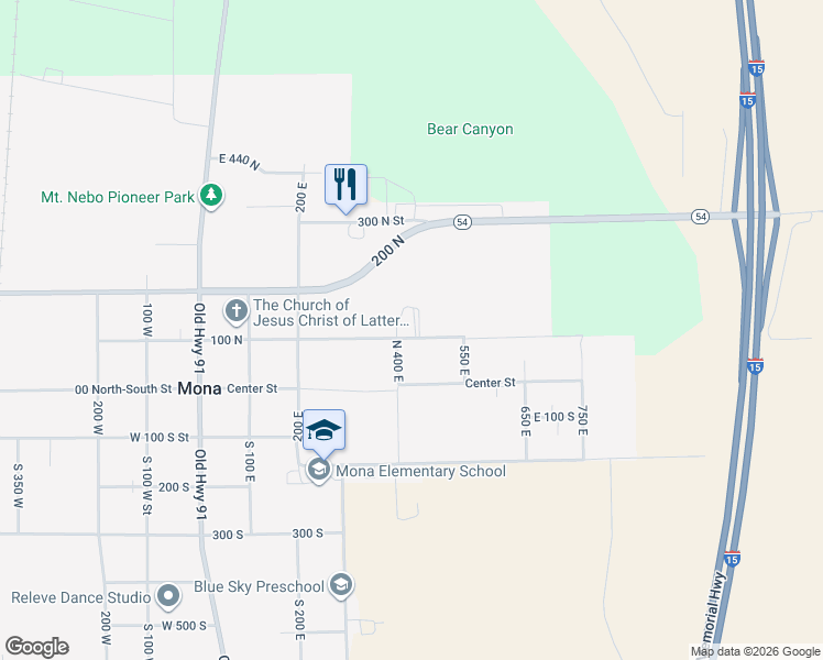 map of restaurants, bars, coffee shops, grocery stores, and more near 435 East 100 North in Mona