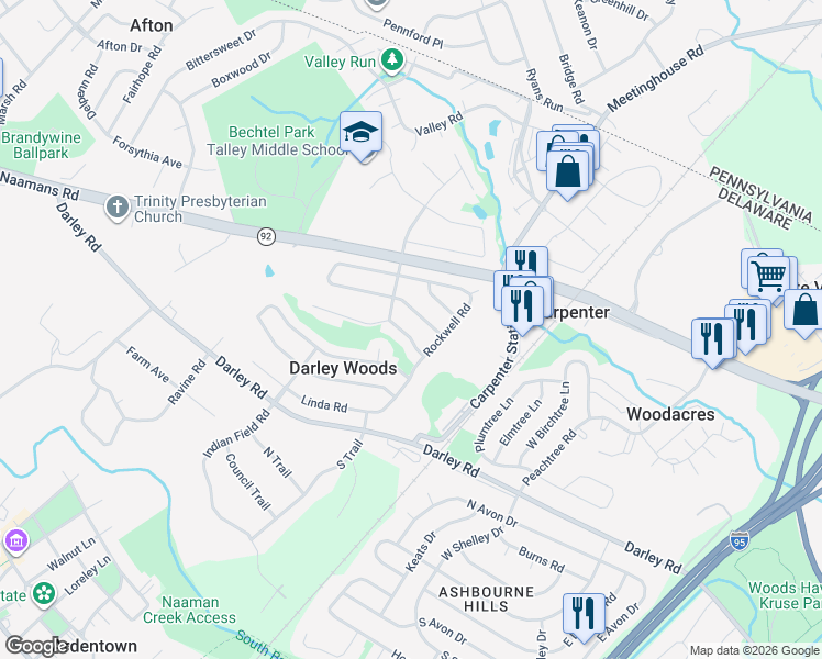 map of restaurants, bars, coffee shops, grocery stores, and more near 1006 Stonewood Road in Wilmington