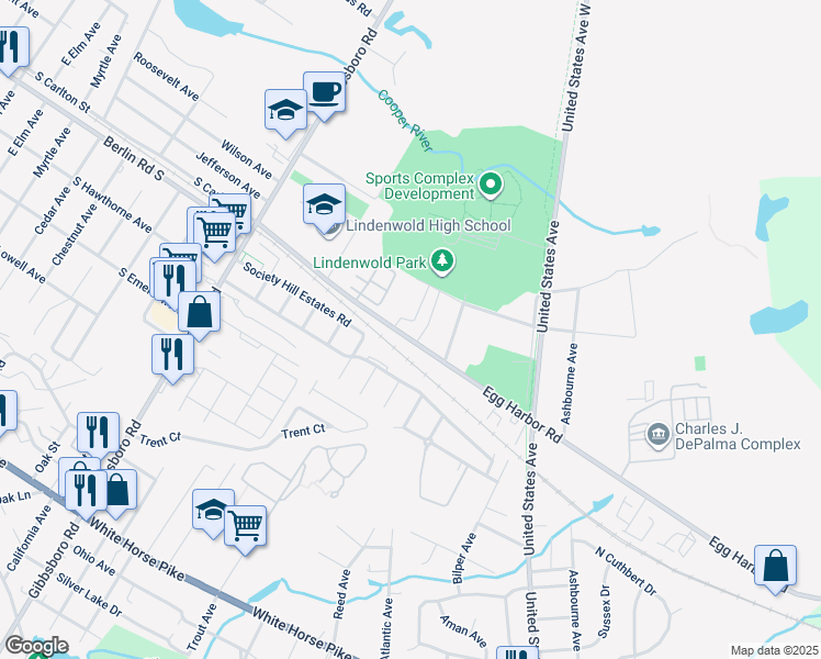 map of restaurants, bars, coffee shops, grocery stores, and more near 16 Colonial Square in Lindenwold