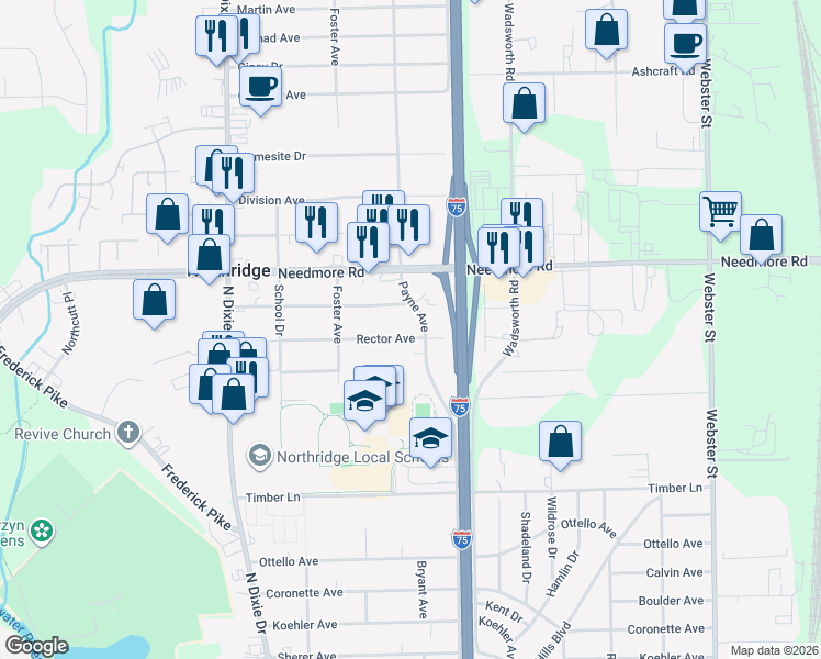map of restaurants, bars, coffee shops, grocery stores, and more near 2332 Rector Avenue in Dayton