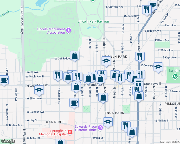map of restaurants, bars, coffee shops, grocery stores, and more near 1317 North 3rd Street in Springfield