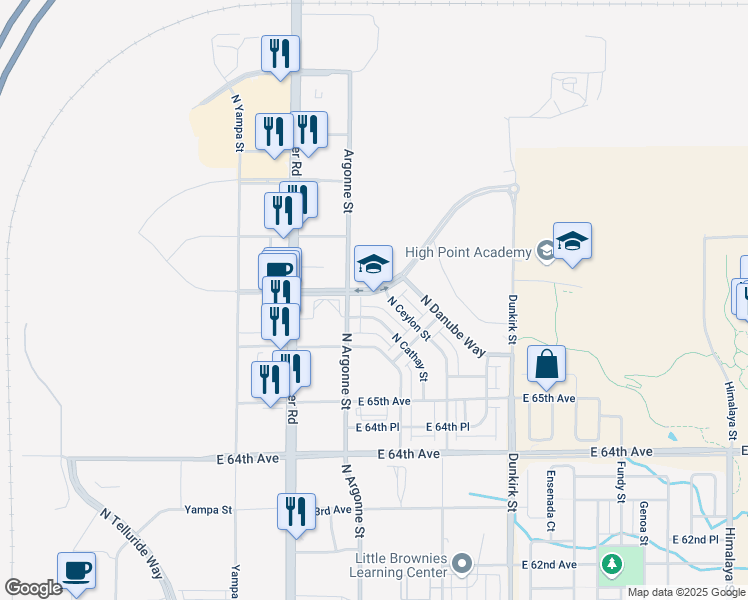 map of restaurants, bars, coffee shops, grocery stores, and more near 18731 66th Place in Denver