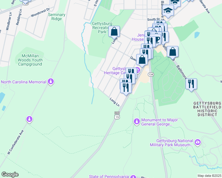 map of restaurants, bars, coffee shops, grocery stores, and more near 965 Highland Avenue in Gettysburg