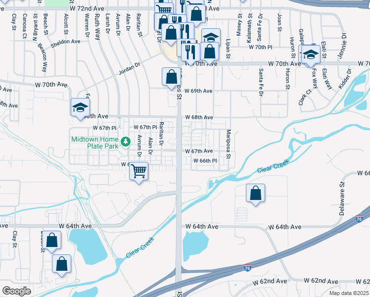 map of restaurants, bars, coffee shops, grocery stores, and more near 1580 West 67th Avenue in Denver