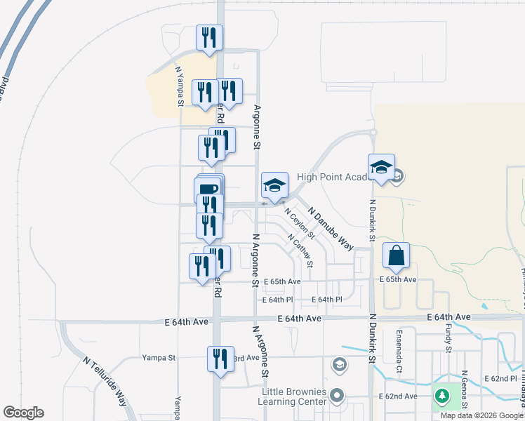 map of restaurants, bars, coffee shops, grocery stores, and more near 18731 66th Place in Denver