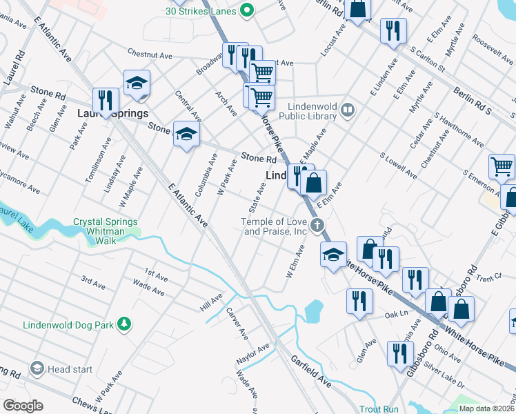 map of restaurants, bars, coffee shops, grocery stores, and more near 120 State Avenue in Lindenwold