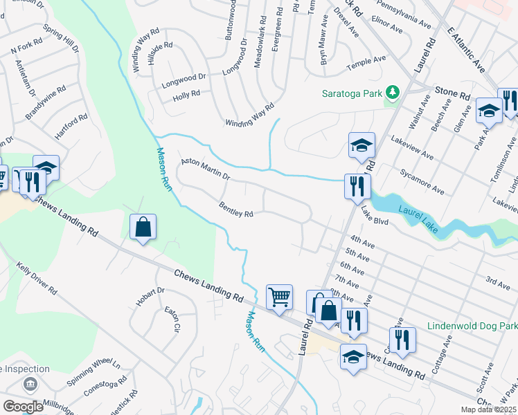map of restaurants, bars, coffee shops, grocery stores, and more near 801 Bentley Road in Lindenwold