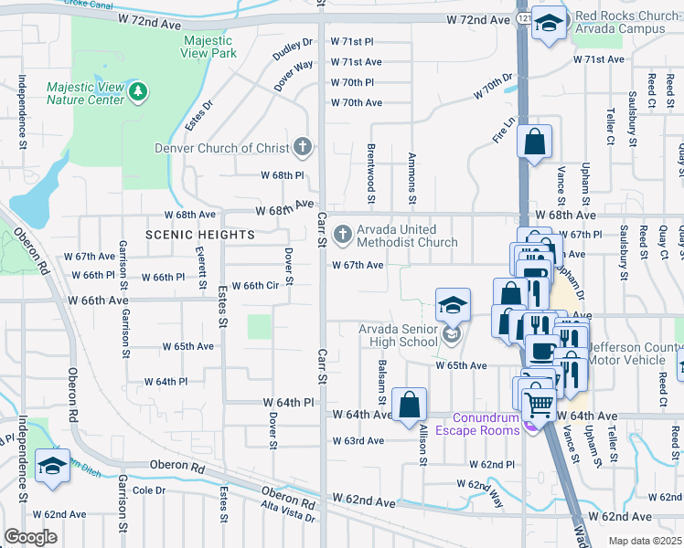 map of restaurants, bars, coffee shops, grocery stores, and more near 6680 Carr Street in Arvada