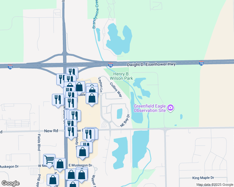 map of restaurants, bars, coffee shops, grocery stores, and more near 2270 Collins Way in Greenfield