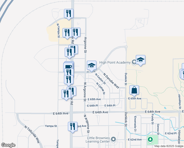 map of restaurants, bars, coffee shops, grocery stores, and more near 18731 66th Place in Denver