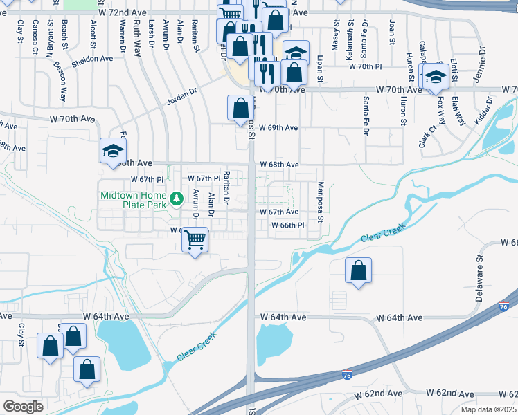 map of restaurants, bars, coffee shops, grocery stores, and more near 1580 West 67th Avenue in Denver