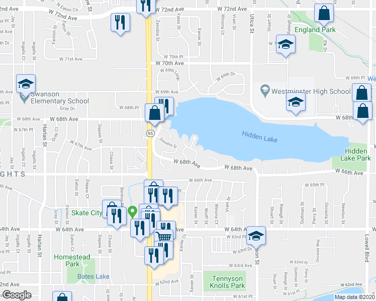 map of restaurants, bars, coffee shops, grocery stores, and more near 4883 West 68th Avenue in Westminster