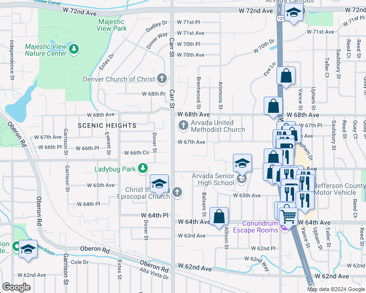 map of restaurants, bars, coffee shops, grocery stores, and more near 6680 Carr Street in Arvada