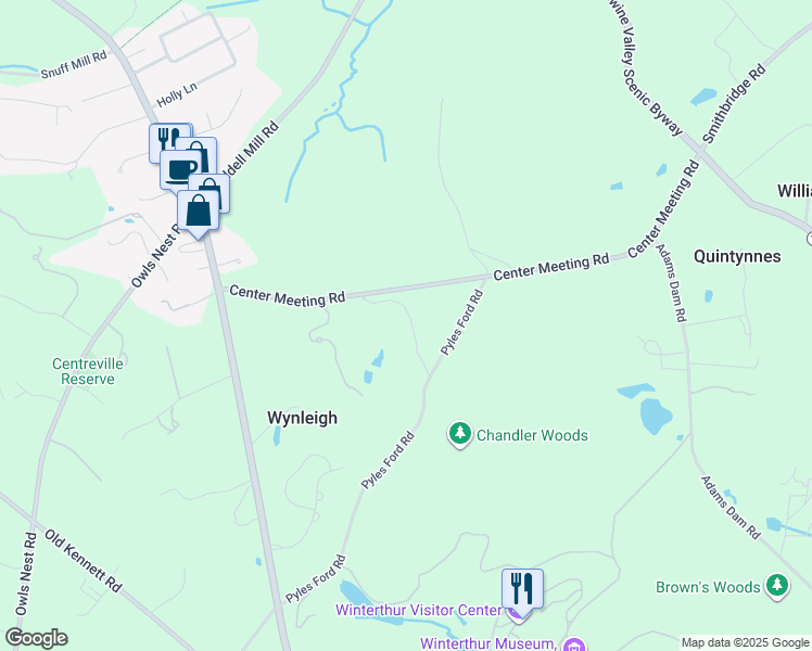 map of restaurants, bars, coffee shops, grocery stores, and more near 100 Center Meeting Road in Wilmington