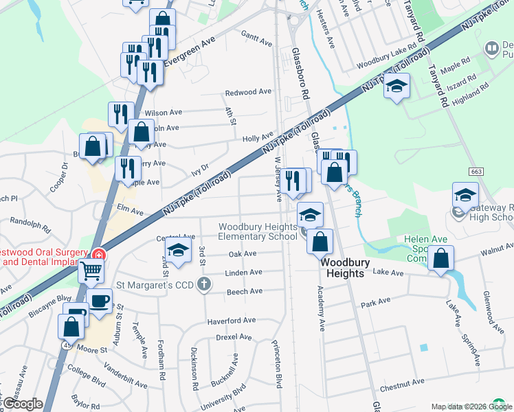 map of restaurants, bars, coffee shops, grocery stores, and more near in Woodbury Heights