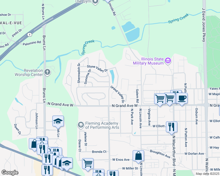 map of restaurants, bars, coffee shops, grocery stores, and more near 28 Grand Valley Drive in Springfield