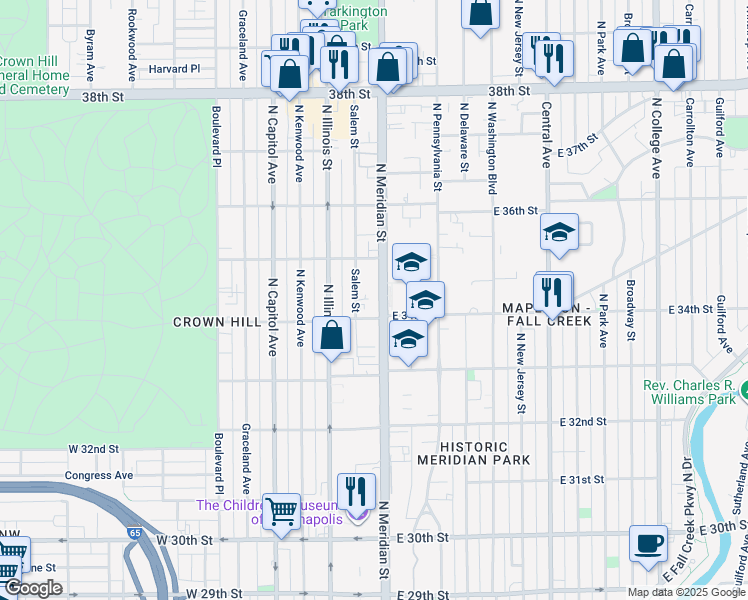 map of restaurants, bars, coffee shops, grocery stores, and more near 3420 North Meridian Street in Indianapolis