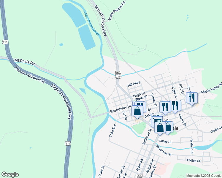 map of restaurants, bars, coffee shops, grocery stores, and more near Charles Street in Meyersdale