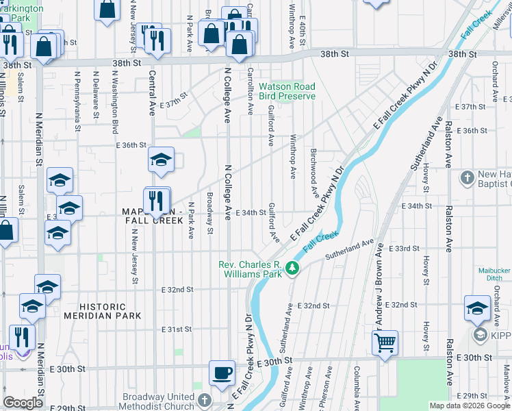 map of restaurants, bars, coffee shops, grocery stores, and more near 775 East 34th Street in Indianapolis