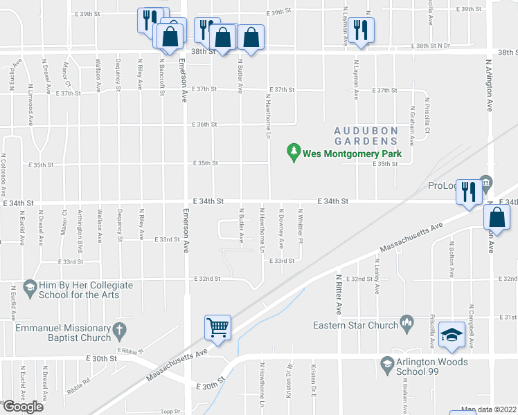 map of restaurants, bars, coffee shops, grocery stores, and more near 5329 East 34th Street in Indianapolis