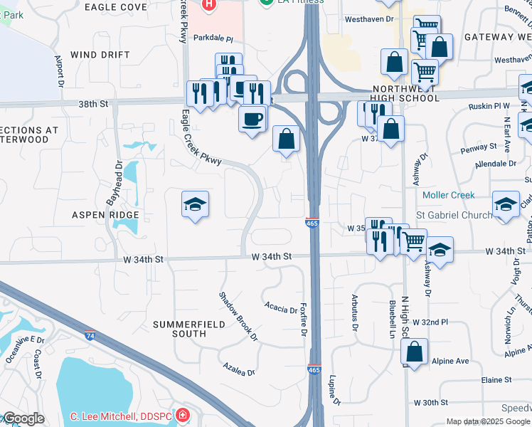 map of restaurants, bars, coffee shops, grocery stores, and more near 6712 West Hollow Run Drive in Indianapolis