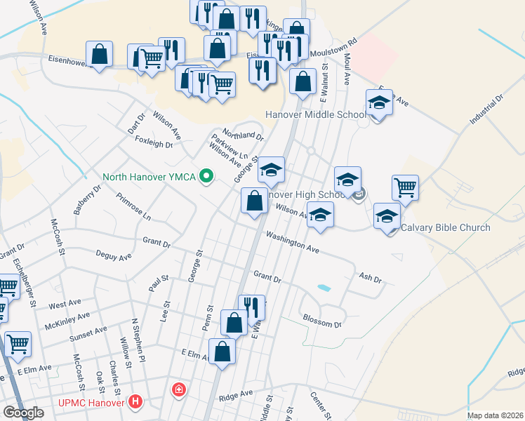 map of restaurants, bars, coffee shops, grocery stores, and more near 886 Broadway in Hanover