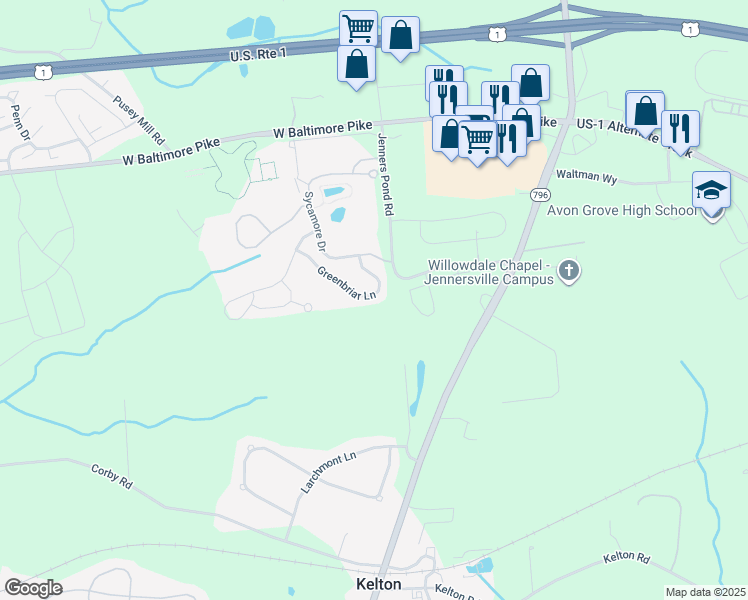 map of restaurants, bars, coffee shops, grocery stores, and more near 301 Greenbriar Lane in West Grove