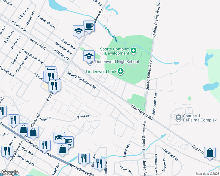 map of restaurants, bars, coffee shops, grocery stores, and more near 54 Meadowview Court in Lindenwold