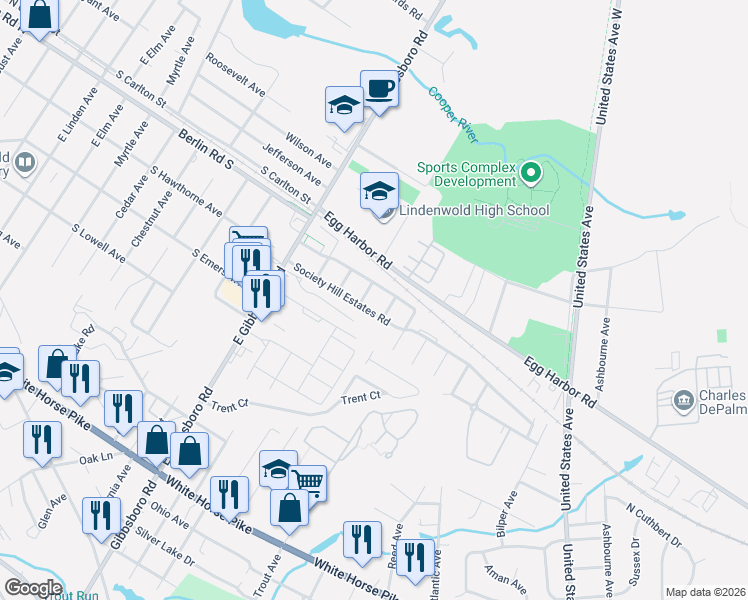 map of restaurants, bars, coffee shops, grocery stores, and more near 2305 Arborwood in Lindenwold