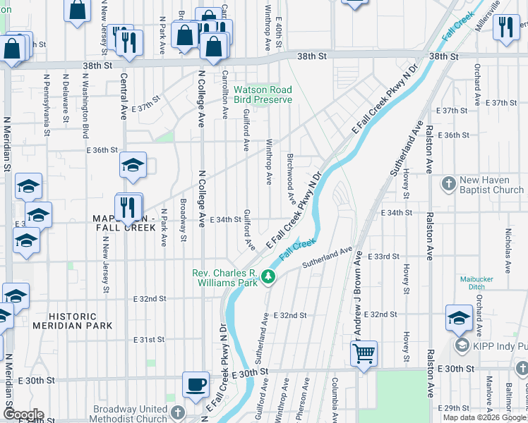 map of restaurants, bars, coffee shops, grocery stores, and more near 949 East 34th Street in Indianapolis
