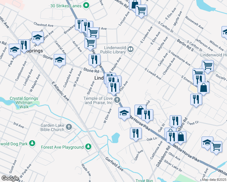 map of restaurants, bars, coffee shops, grocery stores, and more near 4 South White Horse Pike in Lindenwold