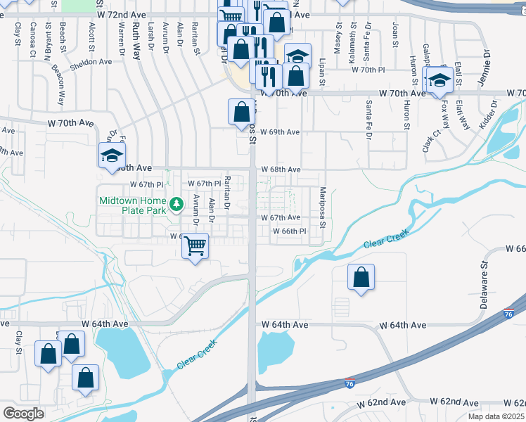 map of restaurants, bars, coffee shops, grocery stores, and more near 1580 West 67th Avenue in Denver