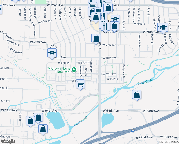 map of restaurants, bars, coffee shops, grocery stores, and more near 1700 West 67th Avenue in Denver