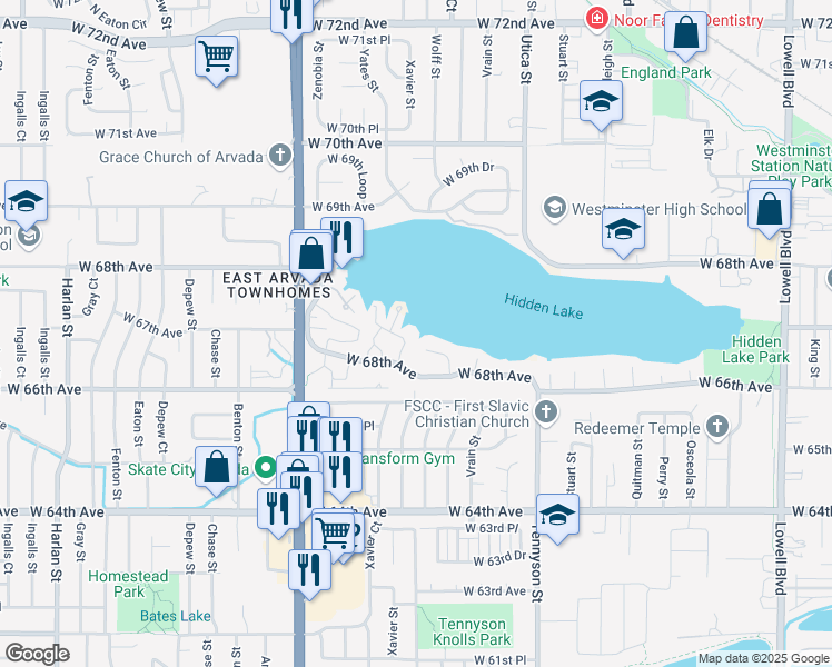 map of restaurants, bars, coffee shops, grocery stores, and more near 4883 West 68th Avenue in Westminster