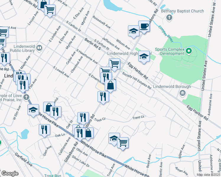 map of restaurants, bars, coffee shops, grocery stores, and more near 301 East Gibbsboro Road in Lindenwold