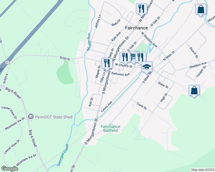 map of restaurants, bars, coffee shops, grocery stores, and more near 52 South Morgantown Street in Fairchance