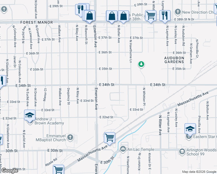 map of restaurants, bars, coffee shops, grocery stores, and more near 3332 Mardenna Avenue in Indianapolis