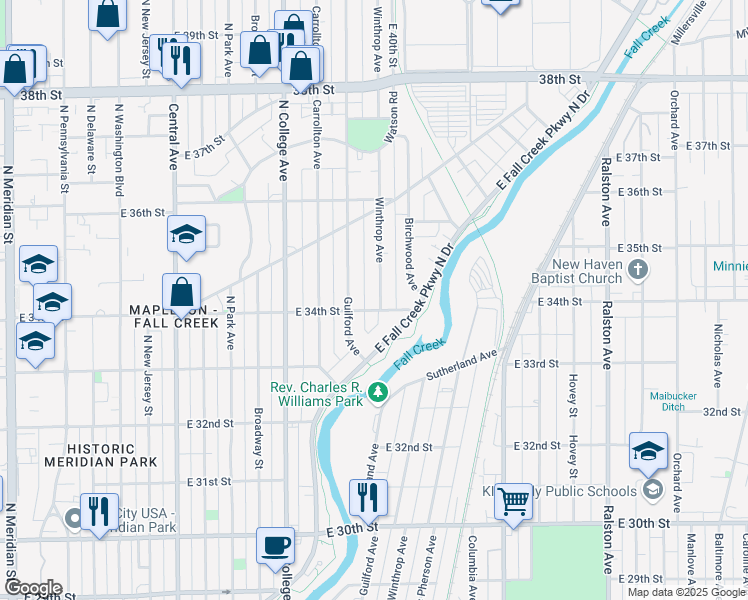map of restaurants, bars, coffee shops, grocery stores, and more near 949 East 34th Street in Indianapolis