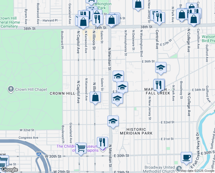 map of restaurants, bars, coffee shops, grocery stores, and more near in Indianapolis