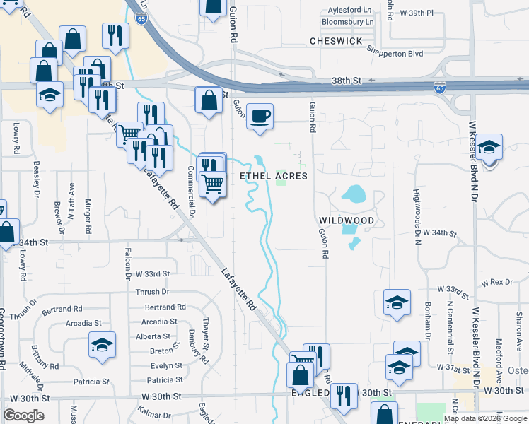 map of restaurants, bars, coffee shops, grocery stores, and more near 3440 Guion Road in Indianapolis