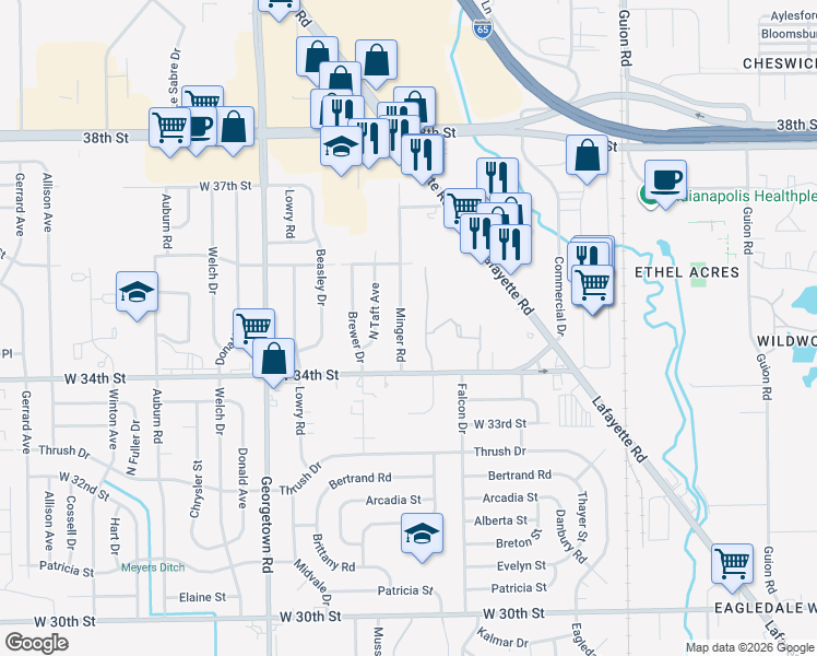 map of restaurants, bars, coffee shops, grocery stores, and more near 3424 Minger Road in Indianapolis