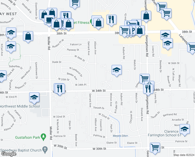 map of restaurants, bars, coffee shops, grocery stores, and more near 3426 Allison Avenue in Indianapolis