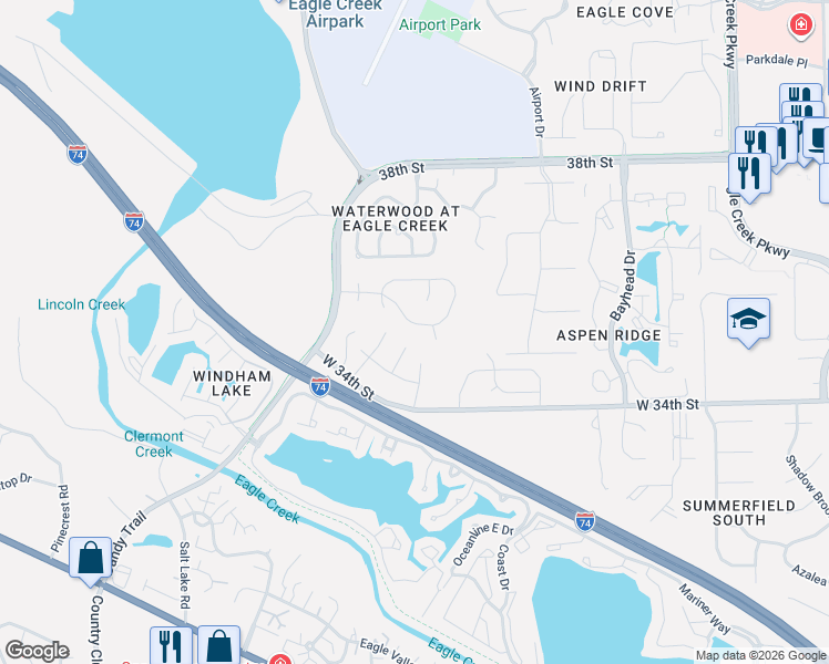 map of restaurants, bars, coffee shops, grocery stores, and more near 3512 Statuette Court in Indianapolis